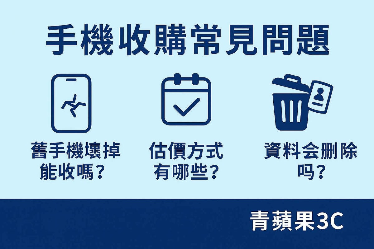 手機收購常見問題懶人包圖卡,說明手機損壞是否可收、估價方式與資料刪除說明