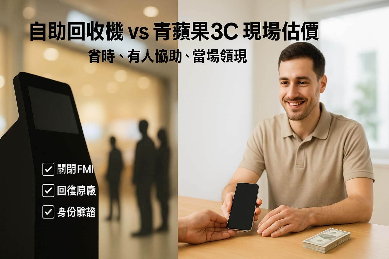 青蘋果3C 手機自助回收機 vs 門市現場估價 比較精選圖（省時、有人協助、當場領現）