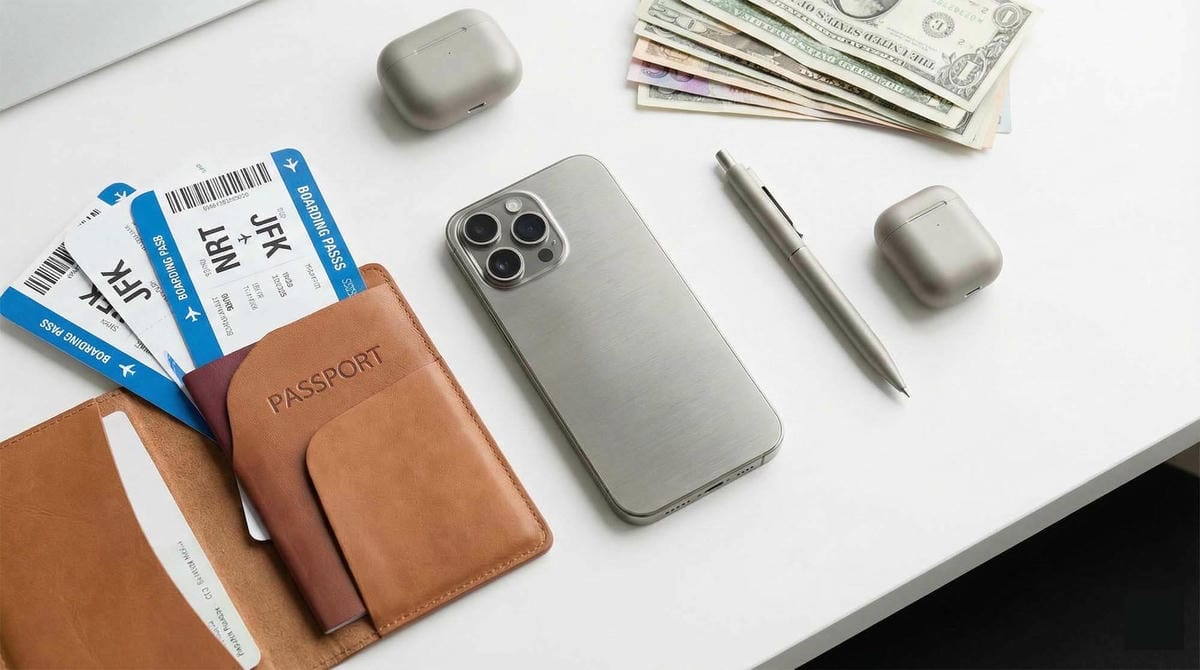 iPhone 16 Pro 與護照機票放在一起象徵旅遊基金