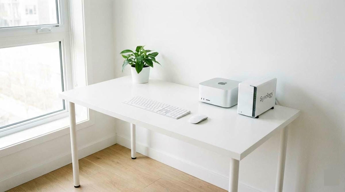 Mac Studio 電腦桌面上放置一台 Synology NAS，象徵 Time Machine 備份與升級 (Mac Studio Setup with Synology NAS on Desk, Symbolizing Time Machine Backup and Upgrade)