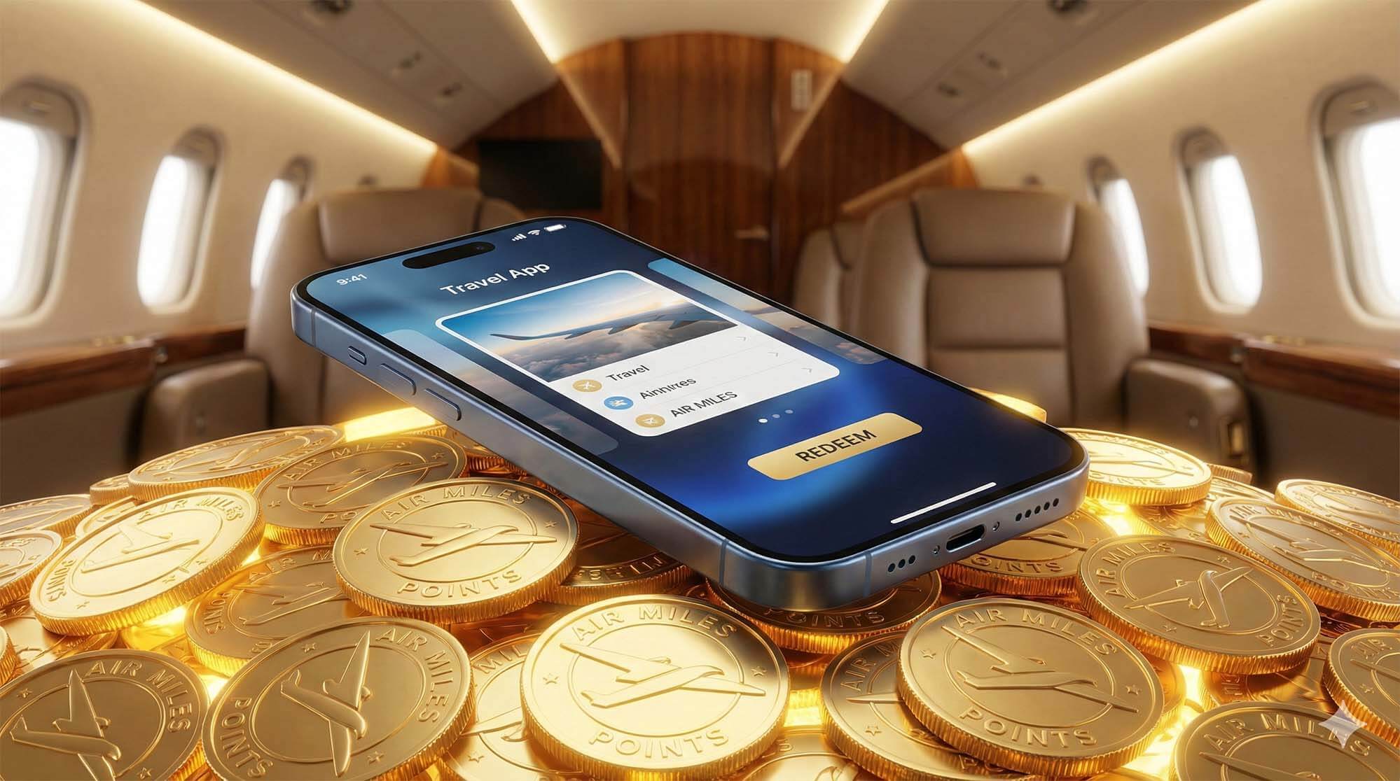 全新 iPhone 16 放置於金色硬幣堆上，背景為飛機頭等艙，象徵哩程變現升級生活 / Brand new iPhone 16 resting on a pile of gold coins, background is an airplane first class cabin, symbolizing cashing out miles to upgrade life.